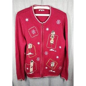 Croft & Barrow Women's Winter Birds Silk Blend Cardigan Grandma Sweater Size M